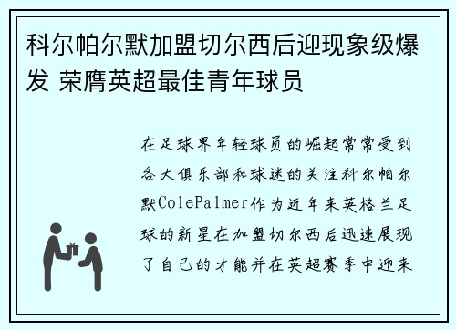 科尔帕尔默加盟切尔西后迎现象级爆发 荣膺英超最佳青年球员